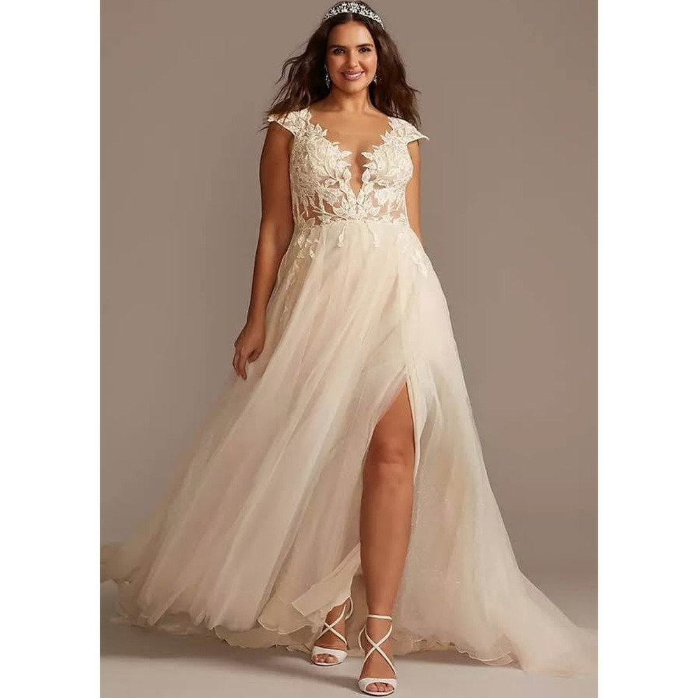 Galina Signature Ivory Lace Tulle A-Line Wedding Dress Cap Sleeve Plunging Neck…